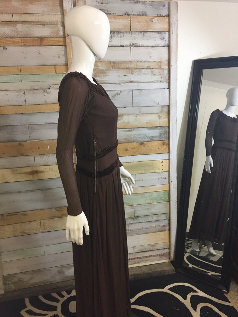 1930/'s handmade net /& velvet chocolate brown maxi dress good size