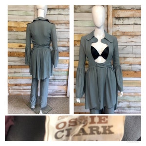Rare numbered vintage Ossie Clark grey moss crepe trouser suit 6/8