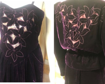 Deep purple Velvet Dress Suit with Sparkles and Flower Motifs/ Peplum/ Pitched shoulders 80's Does 40's  - CHRISTMAS *