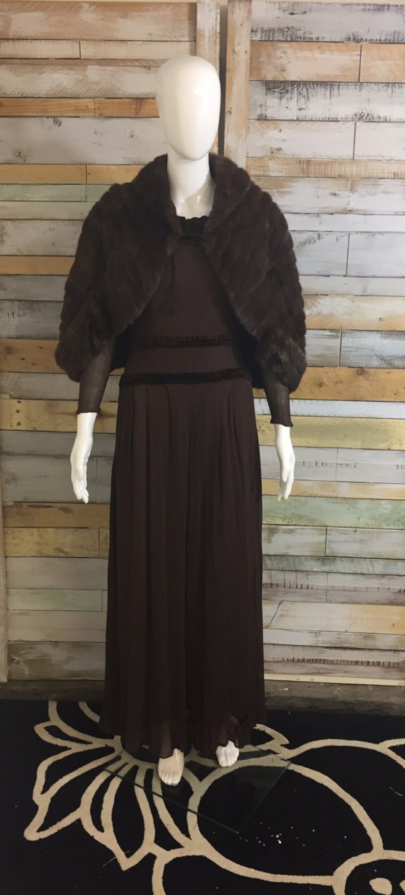 1930/'s handmade net /& velvet chocolate brown maxi dress good size