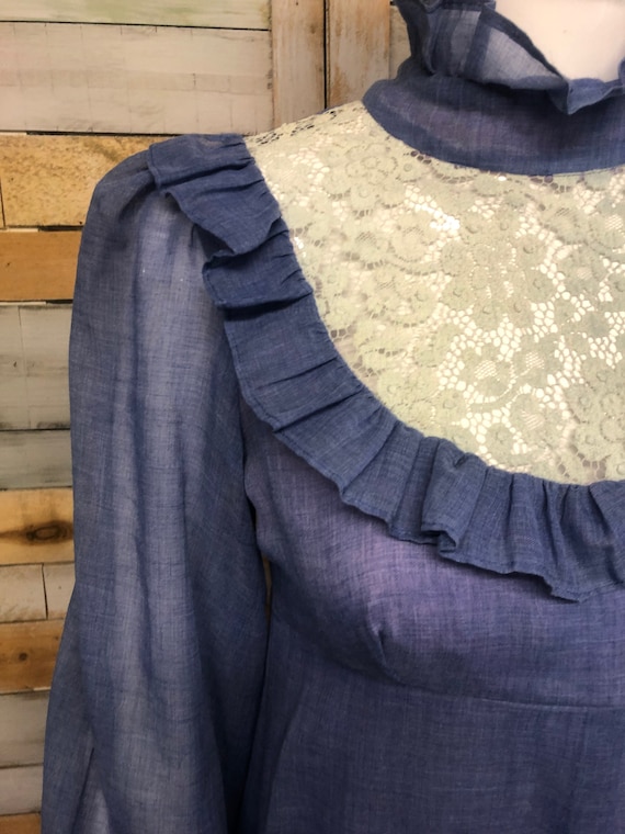 Vintage 70's prairie dress/ maxi dusty blue colour