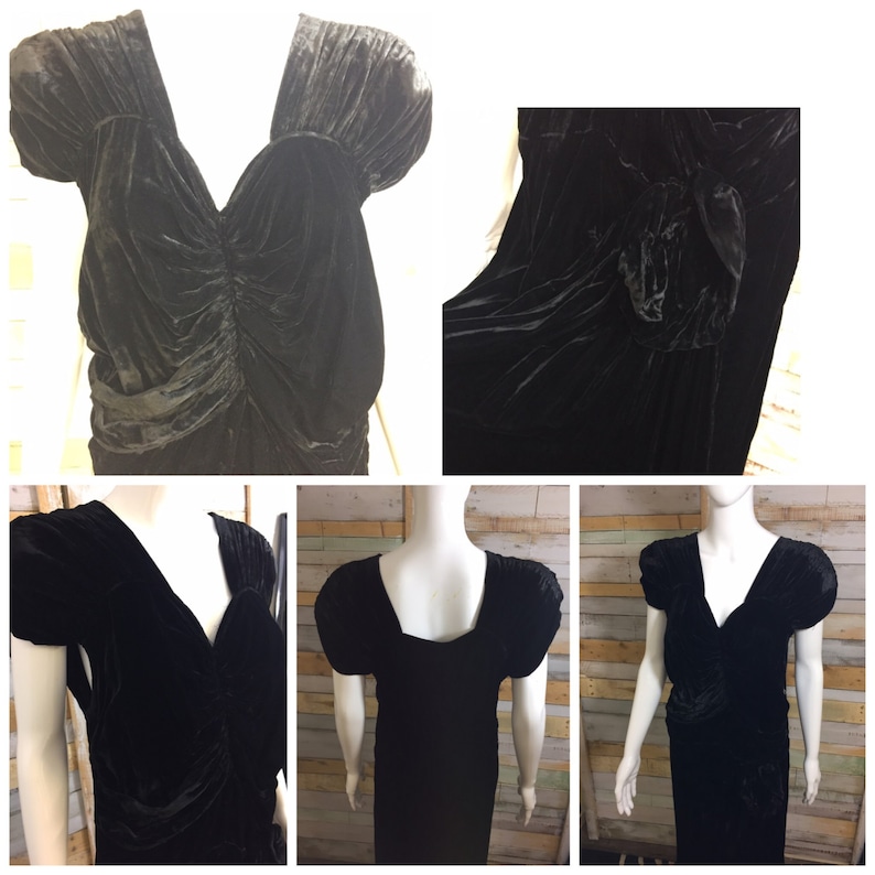 very good sized deep dark flock velvet 1930s handmade dress with bow detail