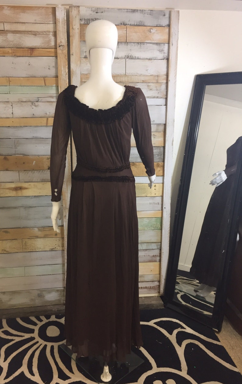 1930/'s handmade net /& velvet chocolate brown maxi dress good size