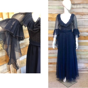 Gorgeous vintage &#39;Jean Varon London&#39; maxi dress with epic sleeves, long scarf in navy blue. 1970&#39;s