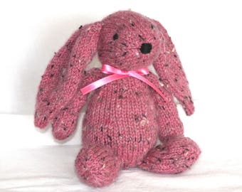 Hand Knit Bunny Rabbit Tweed Alpaca Stuffed Mini Pink Rustic handmade collectible plush