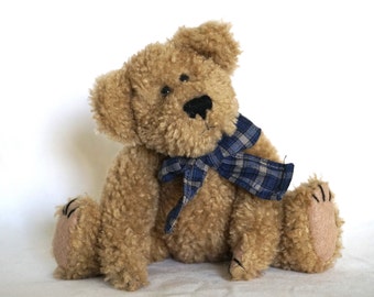 Bromley Boyds Bear Vintage Collectible stuffed Brown Tan Bear jointed plush with blue plaid ribbon