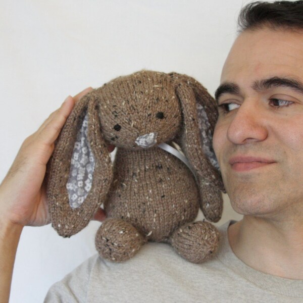 Hand stricken Bunny Rabbit braun grau Tweed Alpakawolle gefüllt Kinderspielzeug Sammler