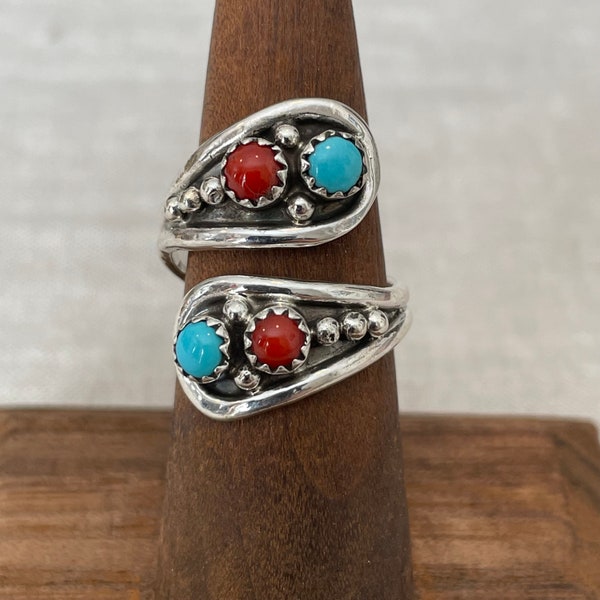 Running Bear Sterling Ring Size 7 Turquoise Coral By Pass Adjustable Signed