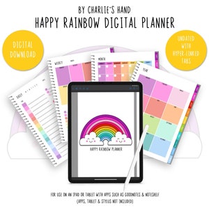 May include: A digital planner with a rainbow theme. The planner includes daily, weekly, monthly, and yearly views. The planner is designed for use with iPad or tablet apps such as Goodnotes and Noteshelf. The planner is undated and includes hyperlinked tabs.
