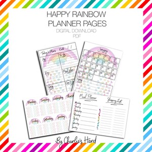 Happy Rainbow Planner Sheet Set monthly, weekly, daily, shopping and meal planners digital download pdf