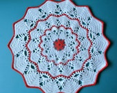 Vintage 1980s unused hand-crocheted white christmas red cotton dollie tablet tablecloth