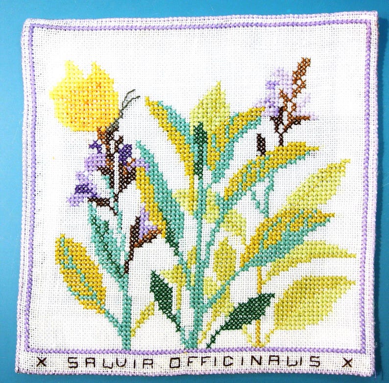 Puede incluir: Bordado a punto de cruz de salvia, con flores y hojas amarillas, verdes y moradas sobre un fondo blanco. El dise&ntilde;o incluye el texto "SALVIA OFFICINALIS" en la parte inferior, enmarcado por un borde lavanda.