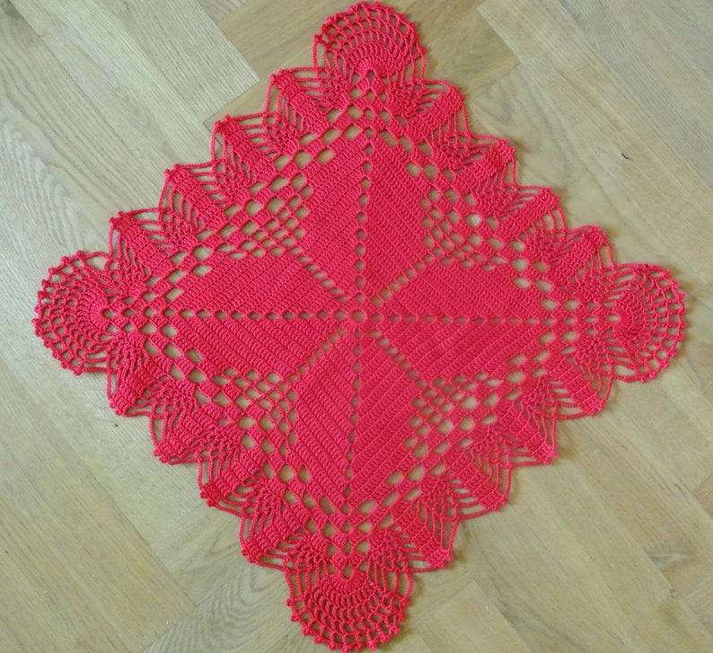 Lovely well done vintage 1980s square handmade crochet Christmas red cotton yarn tablet tablecloth
