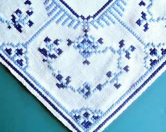 1970s Handmade Cross-Stitch Tablecloth: Blue Abstract Embroidery