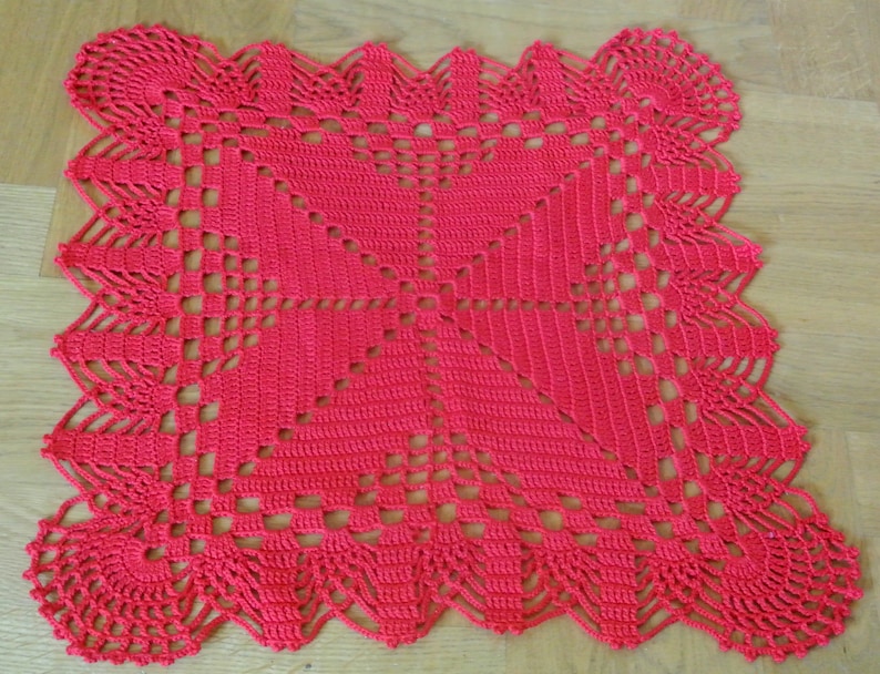 Lovely well done vintage 1980s square handmade crochet Christmas red cotton yarn tablet tablecloth