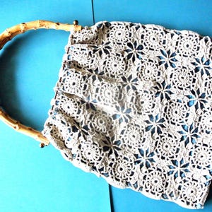 1950s Crochet Cotton Handbag: Vintage Handmade Tote with Bamboo Handles