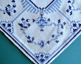 Well done vintage 1970s small handmade cross-stitch embroidery blue abstract motive circle on white aida cotton tablet/ tablecloth