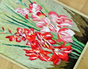 LARGE Exceptionelly well done Sweden handwoven vintage 1950s rectangular multicolor Gladiolus flower flemish weaving tapestry wallhanging