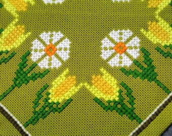 Vintage 1970s Cross-Stitch Linen Tablecloth: Handmade Floral Embroidery
