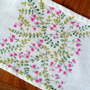 Vintage 1950s highquality FRÖSÖ handprint multicolor linen tablecloth runner with Sweden Småland landscape Linea flower motives