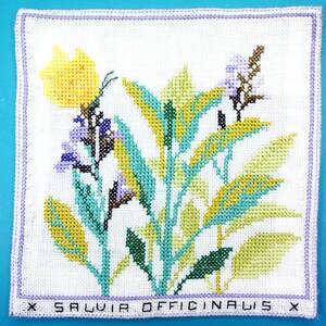 Puede incluir: Bordado a punto de cruz de salvia (Salvia officinalis) con hojas amarillas, turquesas y verdes y flores moradas. El dise&ntilde;o est&aacute; sobre un fondo blanco con un borde lavanda. El texto "X SALVIA OFFICINALIS X" est&aacute; en la parte inferior.