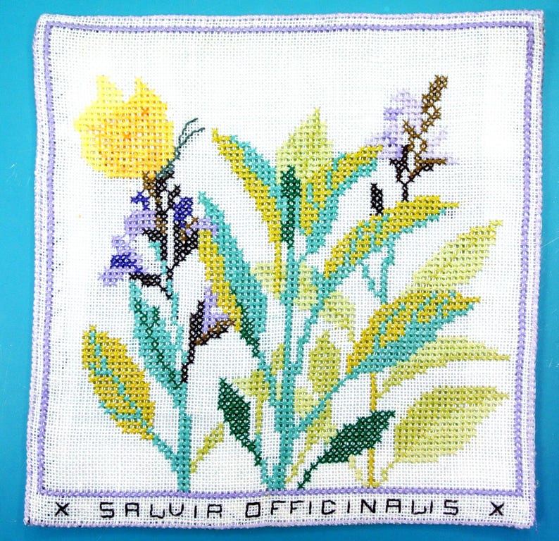 Puede incluir: Bordado a punto de cruz de salvia (Salvia officinalis) con hojas amarillas, turquesas y verdes y flores moradas. El dise&ntilde;o est&aacute; sobre un fondo blanco con un borde lavanda. El texto "X SALVIA OFFICINALIS X" est&aacute; en la parte inferior.