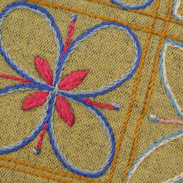 Very well done vintage 1960s handmade chain-seam embroidery moss green linen table-cloth runner with conventionalized flower pattern