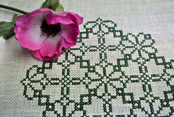 Very well done vintage 1960s handmade cross-stitch embroidery tablettable-cloth w small flower frame in turqouise blue on bone white bottom