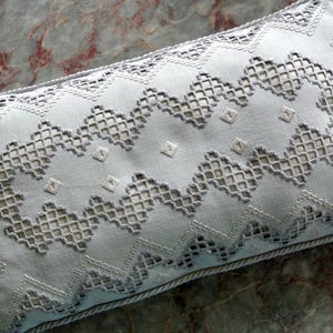 Vintage Swedish Linen Pillow: 1950s Gray Beige Hardanger Embroidery