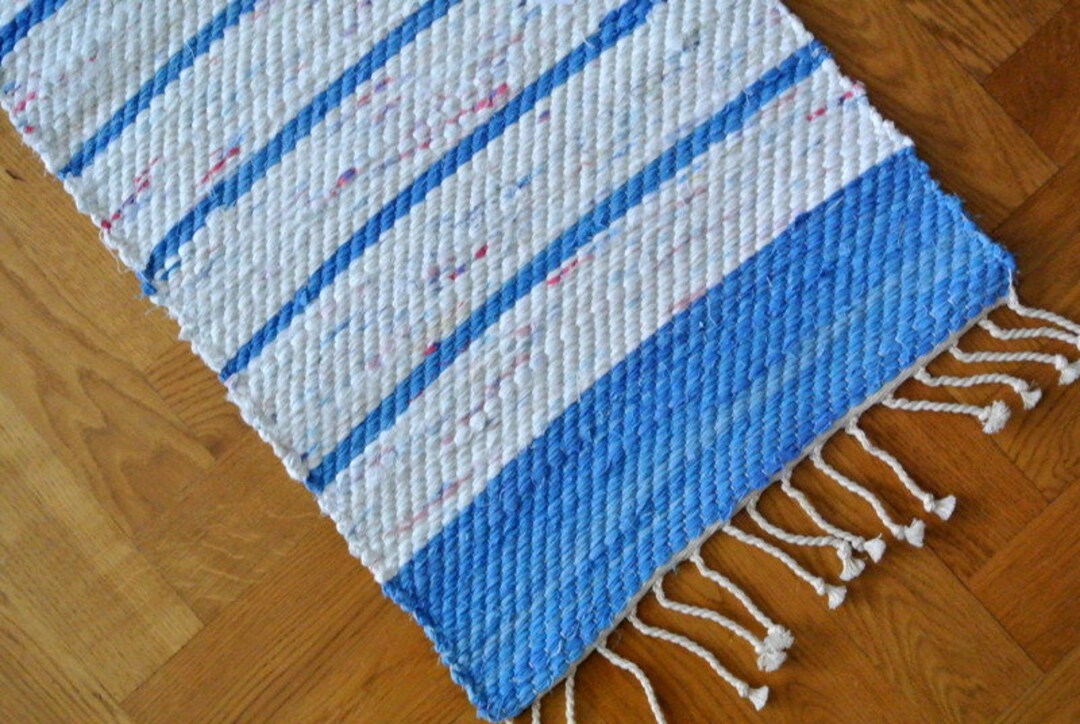 Kitchen Rag Rug Blue Vintage 1990s Woven Cotton Rag Rug: Blue & White Striped Table Runner ...