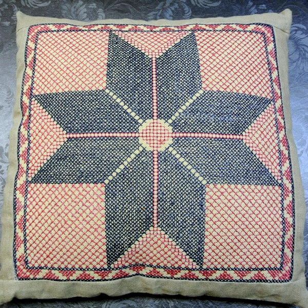 Very well done vintage 1960s handmade embroidered cross-stich square beige linen pillow with blue star motive