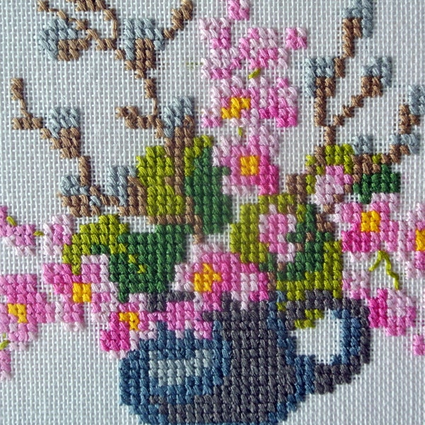 Swedish vintage 1970s small square cross-stitch hand-embroidery flower in jar motive wallhanging with goldcolor wood frame