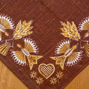 Lovely small vintage 1950s unused square Frösö handprint brown linen tablet tablecloth w mustard yellow bird figures/ heart Christmas motive