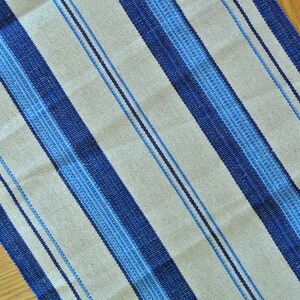Può includere: Un runner da tavolo a righe con strisce blu e bianche alternate. Il tessuto ha una trama tessuta.