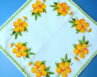 1970s Vintage Linen Cross-Stitch Tablecloth: Handmade Floral Embroidery