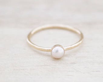 Tiny pearl ring, pearl ring, gold pearl ring, dainty pearl ring, pearl stacking ring, hammered pearl ring, pearl jewelry