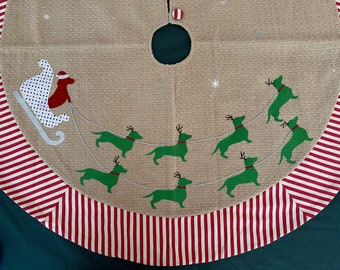48” Tree Skirt - Woven Jute/Burlap with red & white stripes | Dachshund Christmas, Dachshund Tree Skirt, Dachshund Ornament, Doxie Home