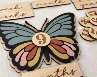 Interchangeable Birth Announcement and Milestone Cards, Butterfly Markers, Wood & Acrylic Age Photo Prop, Butterfly Nursey, Baby Shower Gift