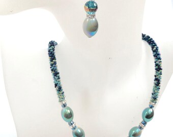 Iridescent Teal Ombré Necklace & Earrings Set/ Kumihimo beaded braid/ handcrafted braid/ Spring Jewelry