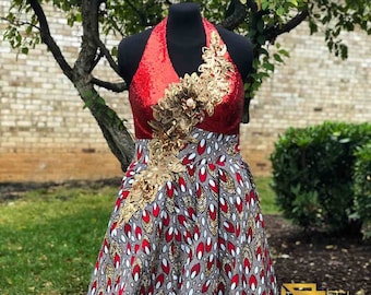 RED SOIRÉE Halter Neck Ball Gown, African Wax Print Dress, Ankara Dress, Kitenge Dress, Sku APD 1010