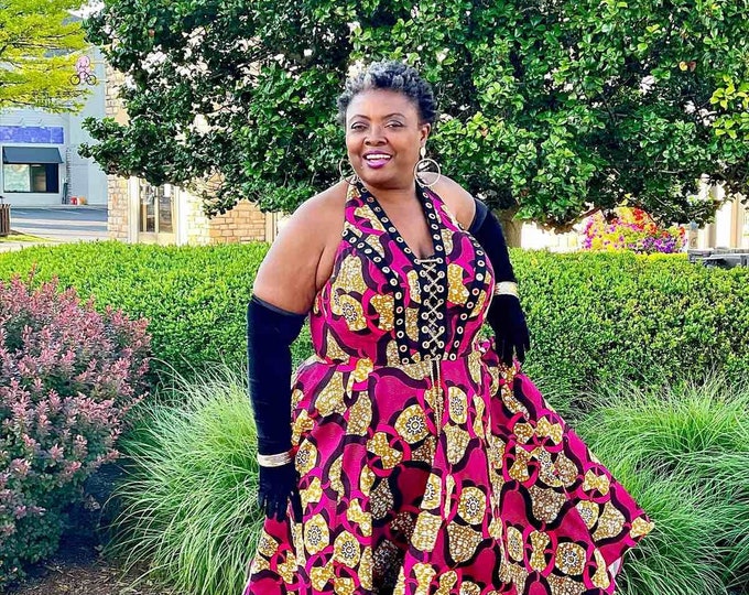 Fuchsia n Bronze Halter Neck Dress, Midi Ankara Women’s  Dress, Hot Babe outfit, African Print dress SKU APD1016