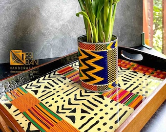 Kente Mudcloth Resined Tray, Bamboo Wood & Fabric Tray, Wedding Gift Trays, Holiday gift, Ankara African Tray SKU KMT1001