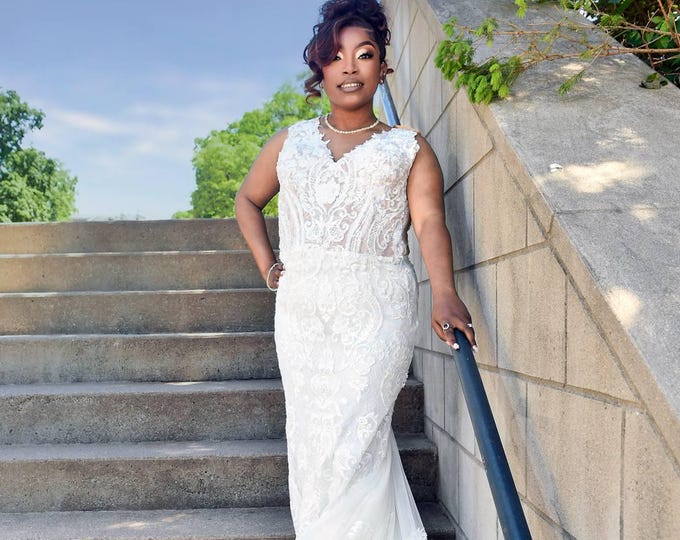 NUNA LACE Bridal Crystals Mermaid Gown with Fishtail train, Wedding Dress, SKU# WDMG1027