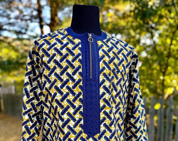 BLUE ‘n’ BRONZE Embroidered African Wax Print Men’s Long Sleeves Shirt, Ankara Shirt, Cotton Shirt, Kitenge Shirt SKU #MWPS1020