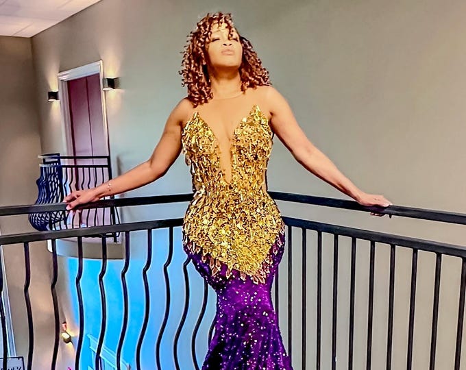 PURPLE ‘N’ GOLD Mermaid style Prom Dress with Gold Crystals, Purple Sequin Velvet, SKU# PRM1001