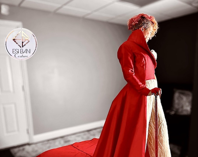 RED DIVA Bridal Lace Pantsuit & One-Sleeve Dramatic Red Mikado Jacket with sculpted Crystal Shawl Collar Crystals SKU# WDMG1025