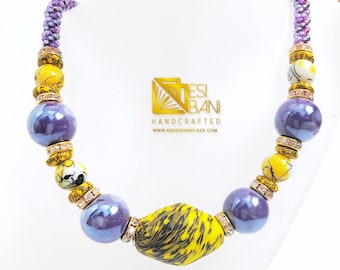 Spring on My Mind Necklace/Purple/ Yellow/ Kumihimo/Krobo Recycled Glass Beads