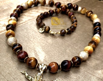 Men’s Tiger Eye & Cubic Zirconia Mfalme Necklace/ Men’s Jewelry/ Men’s Gemstones Jewelry