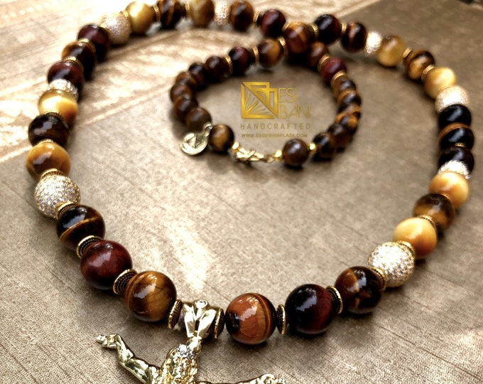 Men’s Tiger Eye & Cubic Zirconia Mfalme Necklace/ Men’s Jewelry/ Men’s Gemstones Jewelry