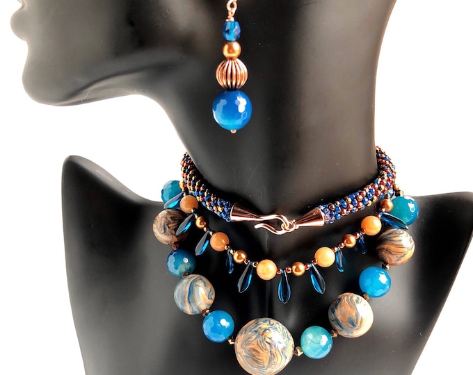 Blue ‘n Copper Marble Necklace & Earrings Set